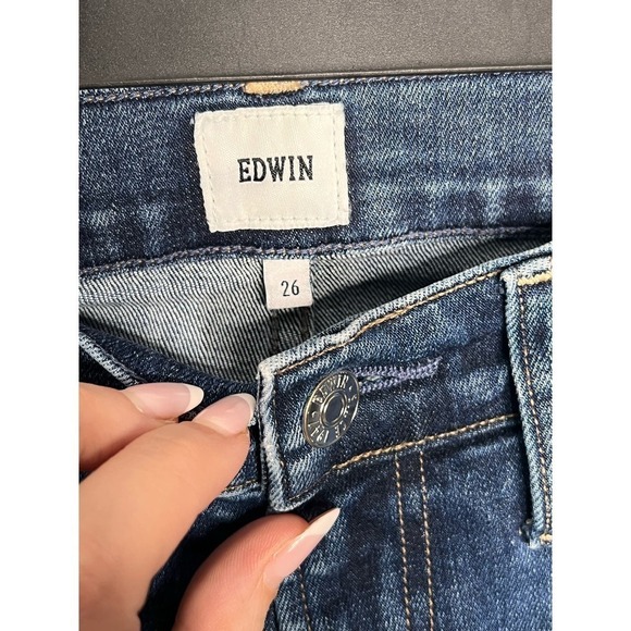 Edwin Bree Slim Fit Cut Raw Hem Straight Leg Crop Jeans in Deja Blue Women's 26 - Picture 5 of 10